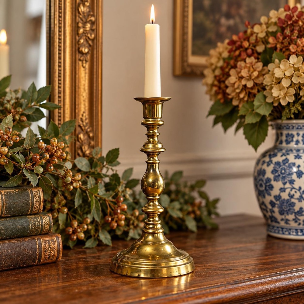 Vintage Brass Candlestick 9.5" Taper Candle Holder Colonial Grandmillennial
